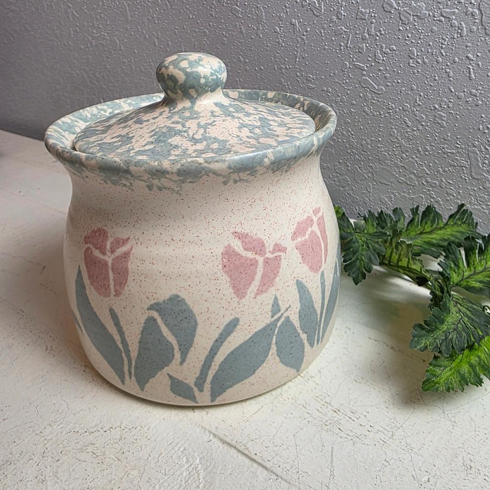Vintage‎ Ceramic Canister Jar Lid Pink Blue Tulips Floral Design Kitchen Storage